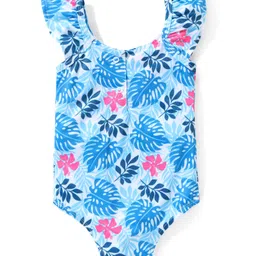 Babyhug Sleeveless with Frill Detailing V Cut Swimsuit Leaf Print - Blue image 2