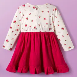 Babyoye 100% Cotton Woven Full Sleeves Frock With Floral Print & Bow Applique - White & Red image 2