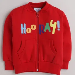 Knitting Doodles Fleece Woven Full Sleeves Hooray Text Printed Jacket With Joggers Set - Red image 3