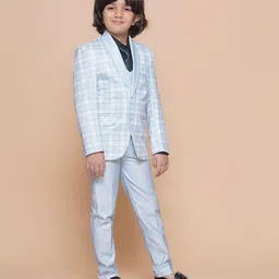 aj dezines AJDezines Full Sleeves Tattersall Checked Shawl Collared 5 Piece Suit Set - Sky Blue image 4