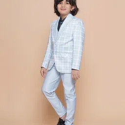 aj dezines AJDezines Full Sleeves Tattersall Checked Shawl Collared 5 Piece Suit Set - Sky Blue image 5