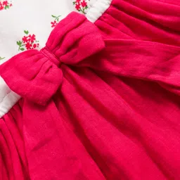Babyoye 100% Cotton Woven Full Sleeves Frock With Floral Print & Bow Applique - White & Red image 3