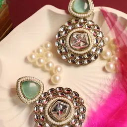 SIVA BY ANIKA Brass-Plated Kundan Studded & Beaded Circular Drop Earrings-picture-16