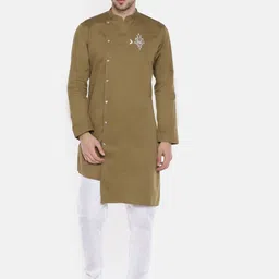 Freehand by The Indian Garage Co Men Olive Green Solid Straight Kurta-picture-42