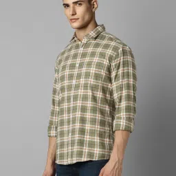 Louis Philippe Khaki Cotton Slim Fit Checks Shirt image 3