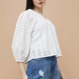 Colour Me by Melange White Cotton Plain Top image 3