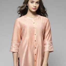 SHAYE Peach Chanderi Regular fit Print Kurta kurtis image 3