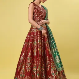 PURVAJA Maroon Floral Print Stitched Lehenga & Unstitched Blouse With Dupatta image 3