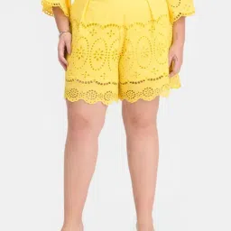 VIRGIO Yellow Regular Fit Embroidered Shorts image 3