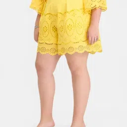 VIRGIO Yellow Regular Fit Embroidered Shorts image 4