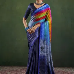 Satrani Blue Silk Crepe Printed Saree With Unstitched Blouse-picture-31