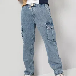 celio celio* Light Blue Loose Fit Cotton Lightly Washed Cargo Jeans image 3