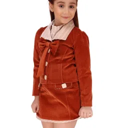 Cutecumber Girls Brown Embellished Jacket & Top & Skirt Set image 3