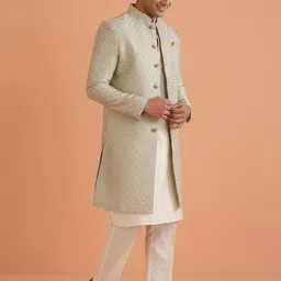KISAH Men Green Jacquard Kurta Indowestern Sherwani Trouser Set image 5