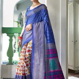 Satrani Blue & White Printed Saree With Unstitched Blouse-picture-20