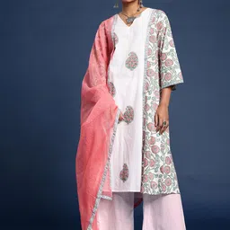Taavi Paisley Printed Pure Cotton Sanganeri Folk Kurta with Palazzos & Dupatta-image-28