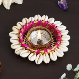 eCraftIndia Pink Aluminium Cowrie Shell Tea Light Holder-image-38