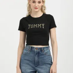 TOMMY HILFIGER Black Cotton Graphic Print Crop T-Shirt-picture-33