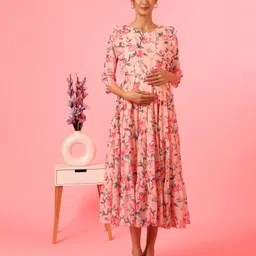 Zelena Three Fourth Sleeves Flowers & Leaves Printed Tiered Maternity Feeding Photo Shoot Dress - Pink-picture-16