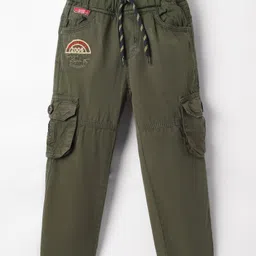 Olio Kids Cotton Woven Full Length Trousers With Cargo Pockets & Text Embroidery - Olive Green-image-79
