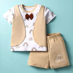 kookie kids india Kookie Kids 100% Cotton Knit Half Sleeves T-Shirt & Shorts Set with Rainbow Print & Bow Applique - White & Khaki-picture-24