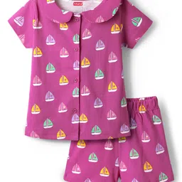 Babyhug Cotton Knit Half Sleeves Co-ords Shorts Night Suit with Ship Print - Pink-picture-25