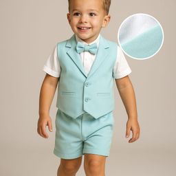 Babyhug Knit Half Sleeves Solid 3 Piece Party Suit With Bow - Mint Green-picture-12
