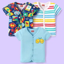 Babyhug 100% Cotton Interlock KnitHalf Sleeves Front Open Vests With Striped & Fruits Print Pack Of 3 - Light Blue Navy Blue & White-picture-25