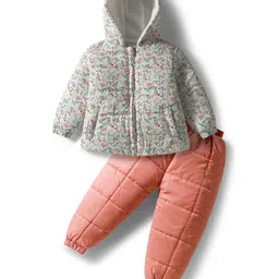 Babyhug Woven Full Sleeves Hooded Winter Wear Suits Sets with Kangaroo Pockets - OffWhite & Coral-picture-15