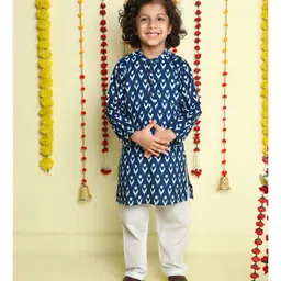 The Magic Wand Woven Full Sleeves Abstract Printed Kurta Pyjama - Navy Blue image 1