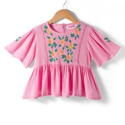 kookie kids india Kookie Kids Cotton Woven Crepe Half Butterfly Sleeves Top with Floral Embroidery - Pink-picture-2