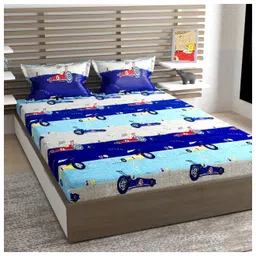 BHAIJI BEDSHEETS Glace Cotton Bed Sheet Double Bed With 2 Pillow Covers Kids Cartoon Prints - Crayon F1 Car Race-picture-10
