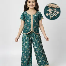 EARTHY TOUCH Single Jersey Knit Half Sleeves Indo western Set with Floral Foil Print - Green-picture-28