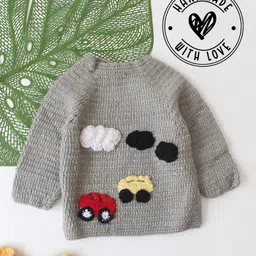 Woonie Hand Knit Full Sleeves Car Applique Detailed Sweater - Grey-picture-10