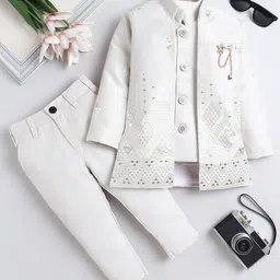 Fourfolds Woven Solid Sherwani Pant With Full Sleeves Geometric Embroidered & Sequins Embellished Jacket Set - Off White-picture-23