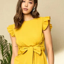 Berrylush Women Round Neck Regular Top With Waist Tie-Ups Detail-image-14