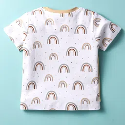 kookie kids india Kookie Kids 100% Cotton Knit Half Sleeves T-Shirt & Shorts Set with Rainbow Print & Bow Applique - White & Khaki image 3