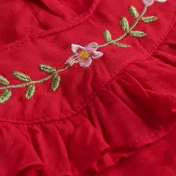 Babyhug Woven Full Sleeves Top with Floral Embroidery with Frill Detailing - Red image 3