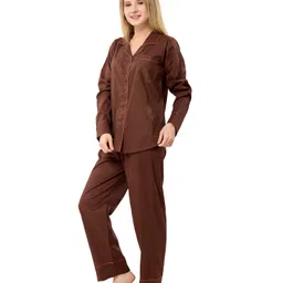 Piu Cotton Woven Full Sleeves Solid Coordinating Maternity Night Suit Set - Brown image 5