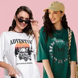 Metronaut Women Pack of 2 Graphic Printed Round Neck Cotton Oversized T-shirts image 2