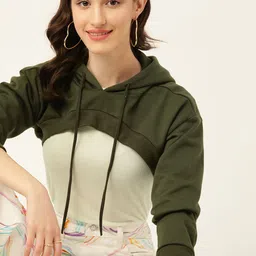 DressBerry Women Olive Green Hooded  Solid Crop Sweatshirt-picture-17