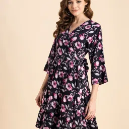 Moomaya Black & Pink Floral Print A Line Dress image 3