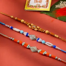 NVR Multicolor Artificial Stones & Beads Rakhi with Roli Chawal Chandan & Mishri - Set of 3-picture-16