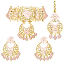 Peora Gold Plated Pink Meenakari Kundan Beaded Choker Necklace Bridal Set image 3