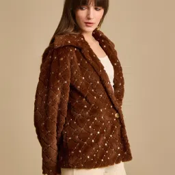 Kazo Brown Embellished Fur Jacket image 3