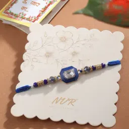 NVR Blue Artificial Stones Handmade Thread Rakhi with Roli Chawal Chandan & Mishri-picture-35