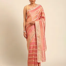 Mohey Pink Zari Saree with Blouse Piece image 3