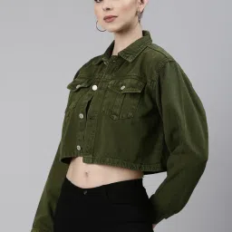 showoffff SHOWOFF Green Relaxed Fit Crop Denim Jacket image 3