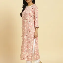 W Peach Floral Print Straight Kurta image 3