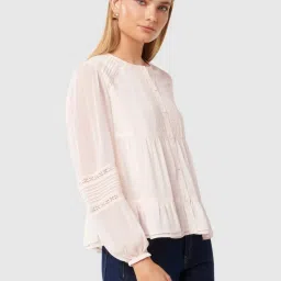 Forever New Cream Pink Regular Fit Self Pattern Top image 3